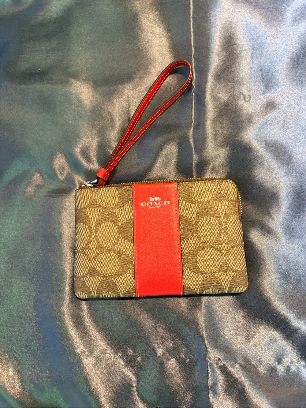 Coach Brown Signature Canvas Wristlet with Red Center Stripe